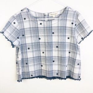 Cloth & Stone | Star Print Plaid Fringe Crop Top